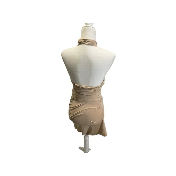 D&M Tan Halter Ruched Mini Cocktail Dress XS Evening Stretch Open Front - Picture 5 of 6